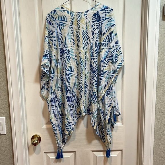 Chicos Kimono Open Front Tassels Blue White Yellow Rayon Small Medium Coastal - Picture 4 of 7
